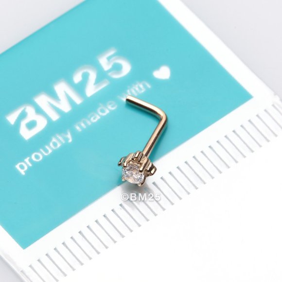14 Karat Gold Studded Prong Gem Sparkle L-Shaped Nose Ring - Picture 1 of 5
